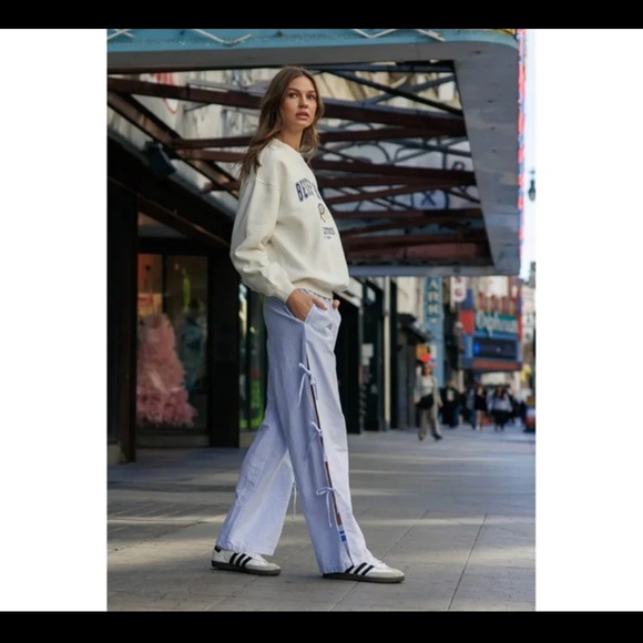 Cali 1850 Striped Side Tie Pull-On Cotton Pants - Light Blue Size Small - Picture 5 of 12